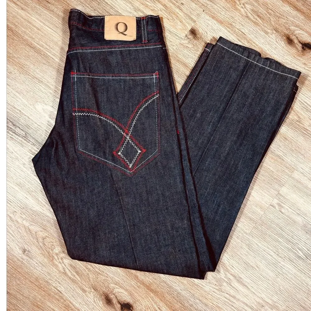 Q by Qruel Y2K Dark Wash Designer Jeans Red White Contrast Stitch  36x33